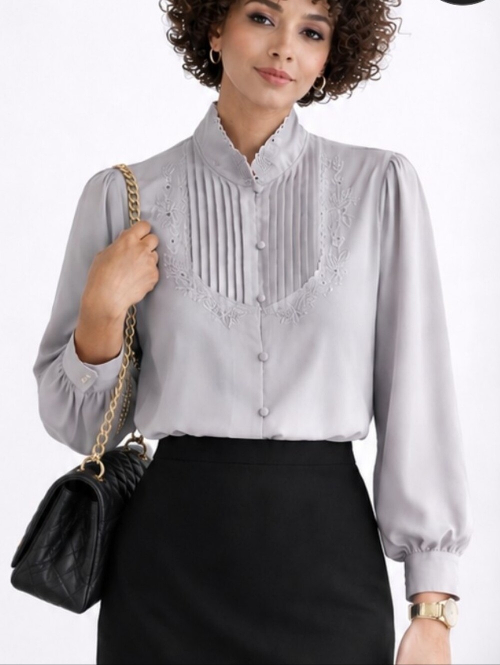 Kara | Vintage Gray Blouse Pin Tuck Pleated High Neck Floral